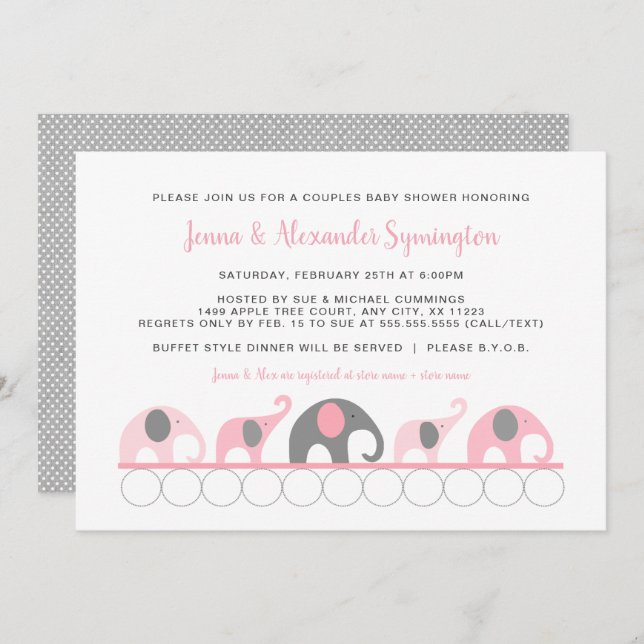 Pink Grey Elephants Couples girl Baby Shower Invitation (Front/Back)