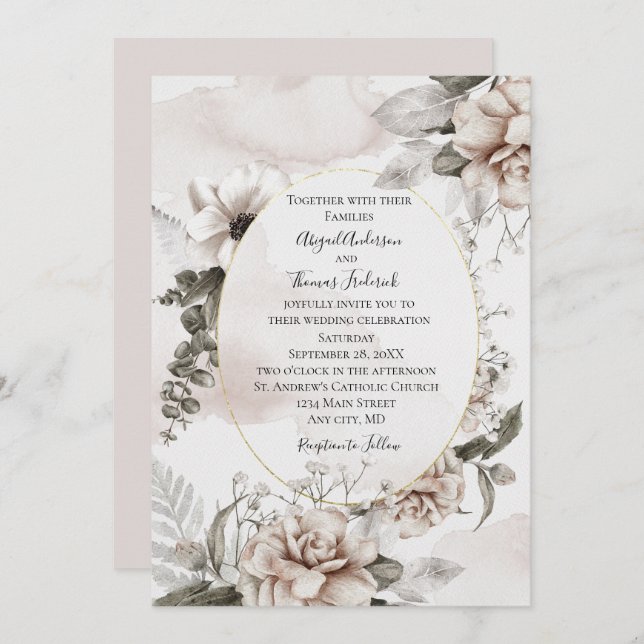 Pink Grey Floral Botanical Elegant Formal Wedding Invitation (Front/Back)