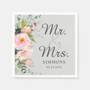 Pink Grey Floral Bouquet Mr. & Mrs. Wedding Napkin