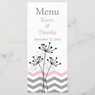 Pink, Grey Floral, Chevrons Wedding Menu Card