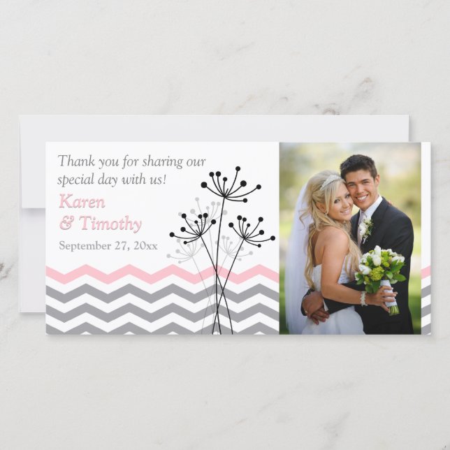 Pink, Grey Floral, Chevrons Wedding Photo Card (Front)
