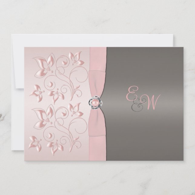 Pink, Grey Floral Monogram Wedding Invitation (Front)
