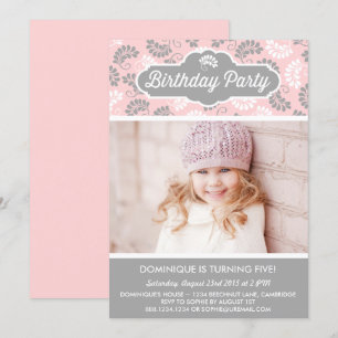Pink & Grey Floral Photo Kids Birthday Invitation