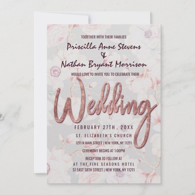 Pink Grey Floral Rose Gold Handwritten Wedding Invitation (Front)