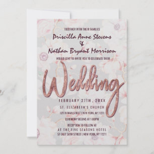 Pink Grey Floral Rose Gold Handwritten Wedding Invitation