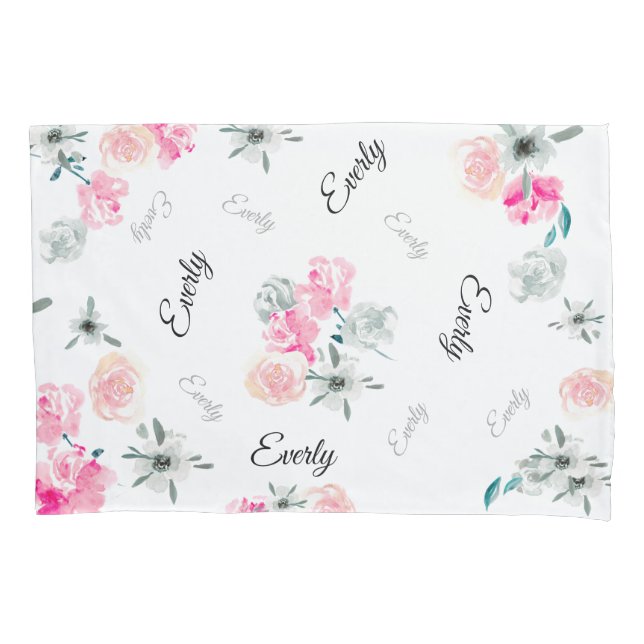 Pink Grey Floral watercolor baby girl name Pillowcase (Front)