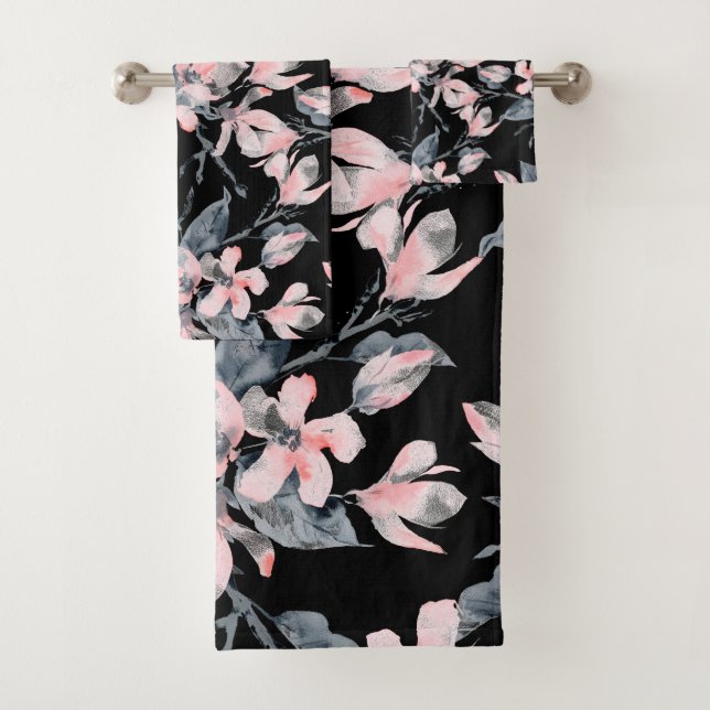 Pink & Grey Floral Watercolor Pattern Bath Towel Set (Insitu)