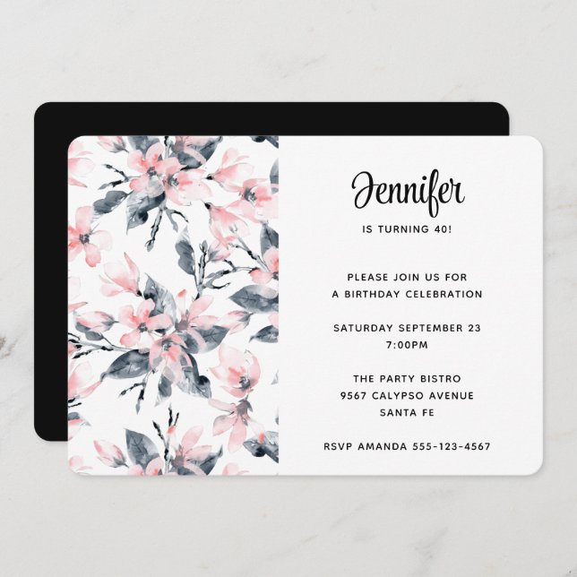 Pink & Grey Floral Watercolor Pattern Birthday Invitation (Front/Back)