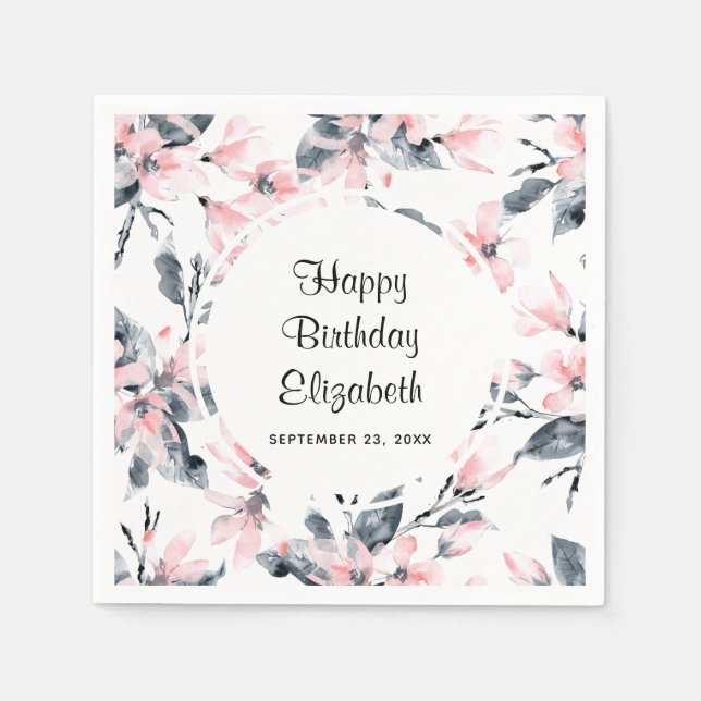 Pink & Grey Floral Watercolor Pattern Birthday Napkin (Front)