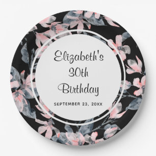 Pink & Grey Floral Watercolor Pattern Birthday Paper Plate