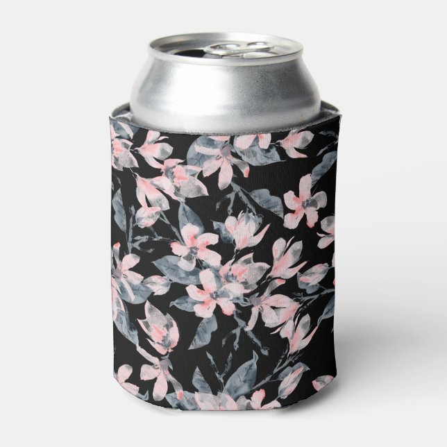 Pink & Grey Floral Watercolor Pattern Can Cooler (Can Front)