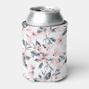 Pink & Grey Floral Watercolor Pattern Can Cooler