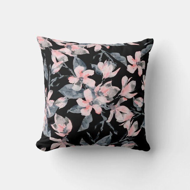 Pink & Grey Floral Watercolor Pattern Cushion (Front)