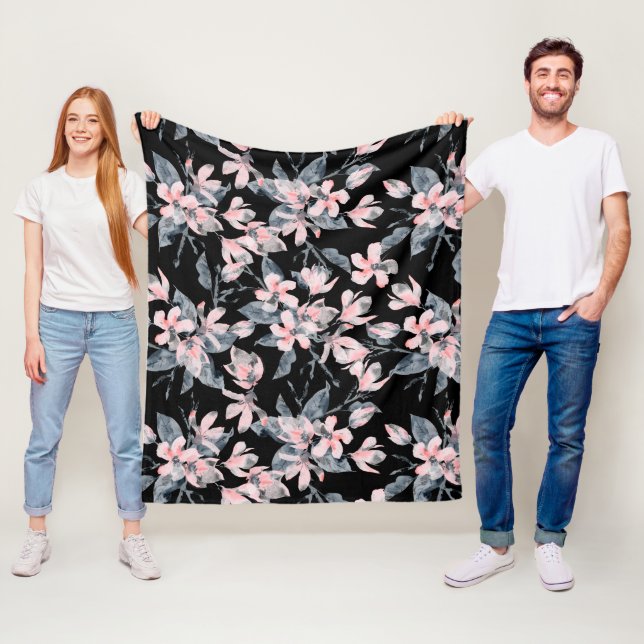Pink & Grey Floral Watercolor Pattern Fleece Blanket (In Situ)