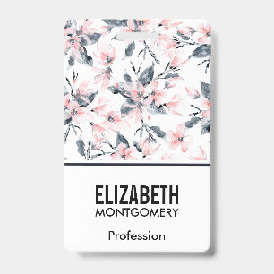 Pink & Grey Floral Watercolor Pattern ID Badge