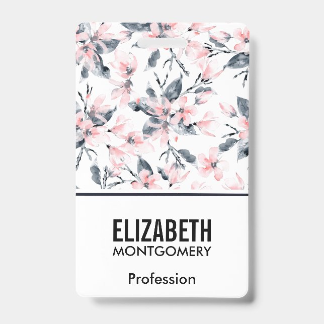 Pink & Grey Floral Watercolor Pattern ID Badge (Front)