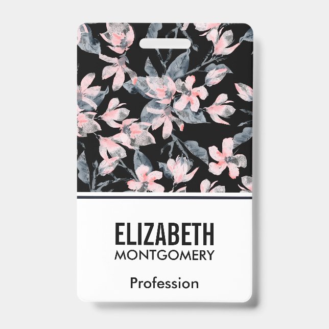 Pink & Grey Floral Watercolor Pattern ID Badge (Front)