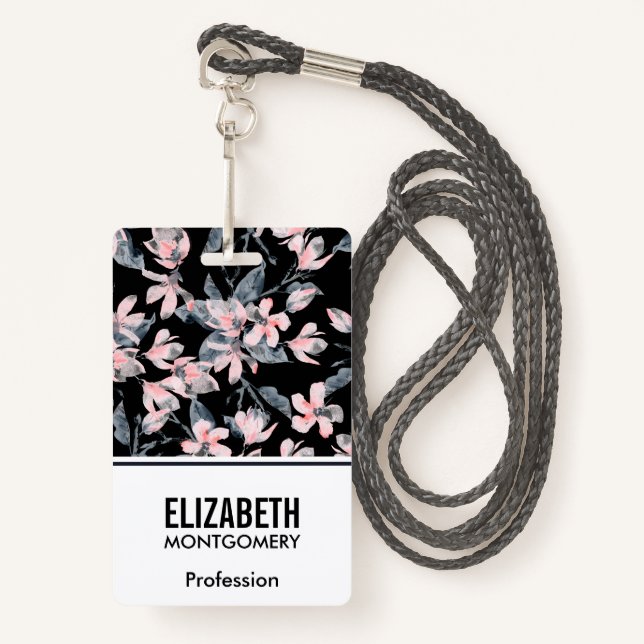 Pink & Grey Floral Watercolor Pattern ID Badge (Front with Lanyard)