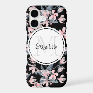 Pink & Grey Floral Watercolor Pattern Monogram