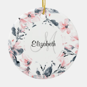 Pink & Grey Floral Watercolor Pattern Monogram Ceramic Tree Decoration