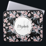Pink & Grey Floral Watercolor Pattern Monogram Laptop Sleeve<br><div class="desc">Personalised laptop sleeve with an elegant pattern made with a watercolor illustration of pink flowers with blue-grey leaves and stems. Classy black background.
A white circle layered over top with your name and monogram initial inside.</div>