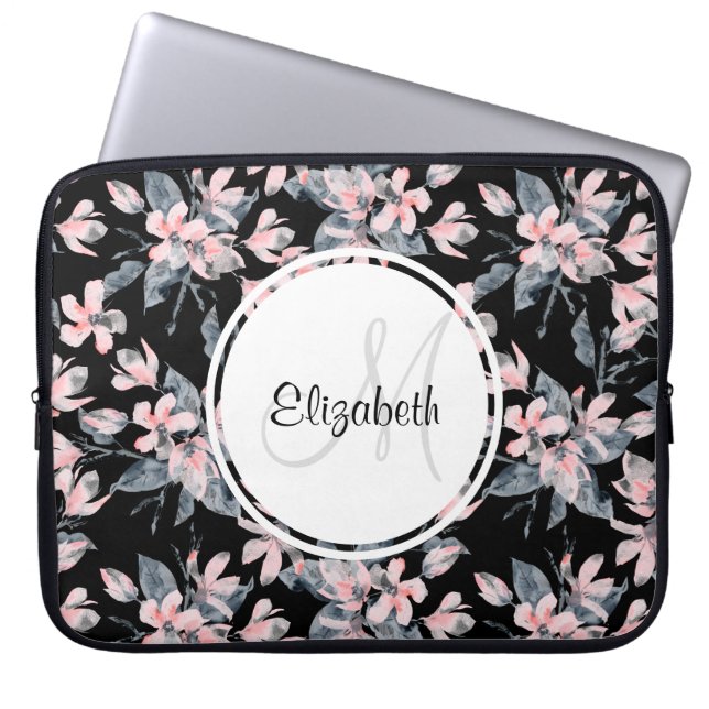 Pink & Grey Floral Watercolor Pattern Monogram Laptop Sleeve (Front)