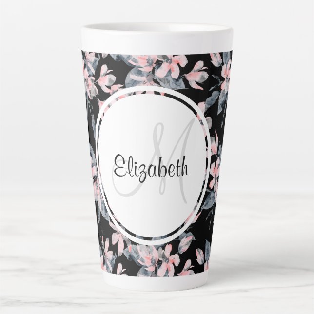 Pink & Grey Floral Watercolor Pattern Monogram Latte Mug (Front)