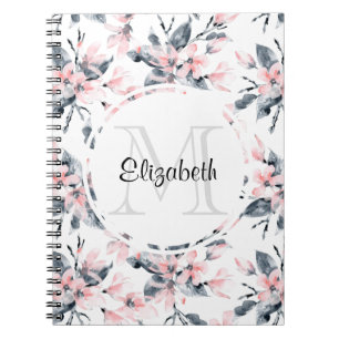 Pink & Grey Floral Watercolor Pattern Monogram Notebook