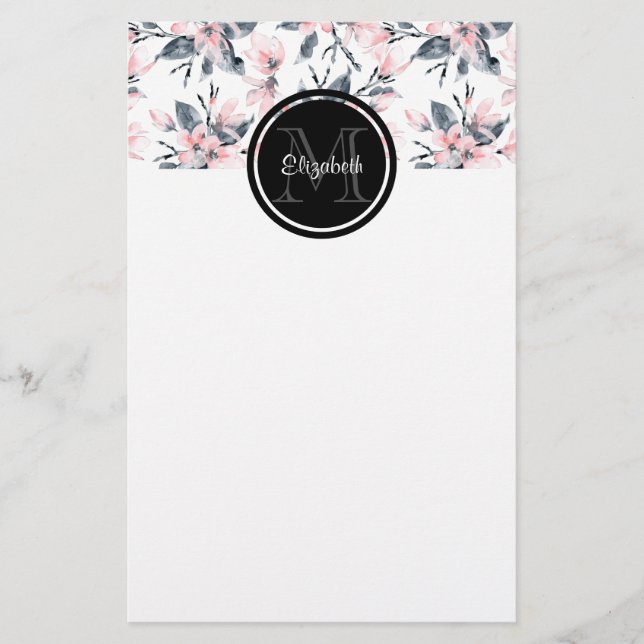 Pink & Grey Floral Watercolor Pattern Monogram Stationery (Front)