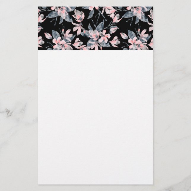 Pink & Grey Floral Watercolor Pattern Stationery (Front)