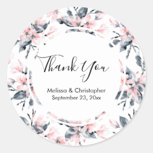 Pink & Grey Floral Watercolor Pattern Thank You Classic Round Sticker