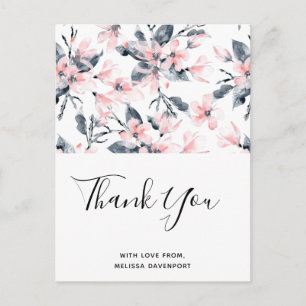 Pink & Grey Floral Watercolor Pattern Thank You Postcard