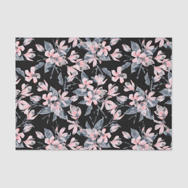 Pink & Grey Floral Watercolor Pattern Tissue Paper (Front)