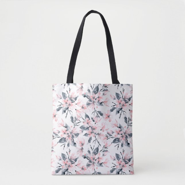 Pink & Grey Floral Watercolor Pattern Tote Bag (Front)