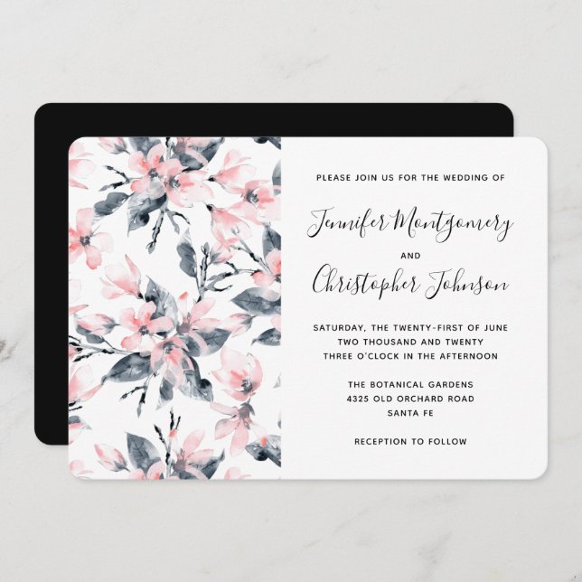 Pink & Grey Floral Watercolor Pattern Wedding Invitation (Front/Back)