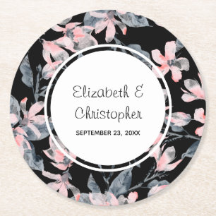Pink & Grey Floral Watercolor Pattern Wedding Round Paper Coaster