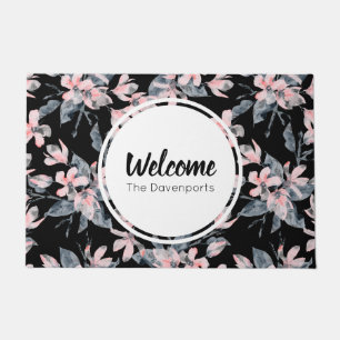Pink & Grey Floral Watercolor Pattern Welcome Doormat