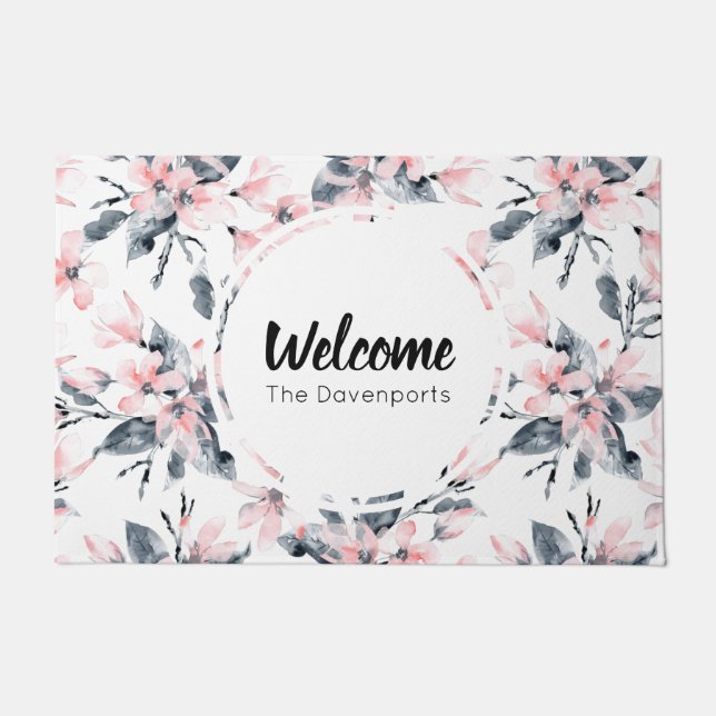 Pink & Grey Floral Watercolor Pattern Welcome Doormat (Front)