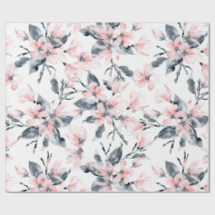 Pink & Grey Floral Watercolor Pattern Wrapping Paper