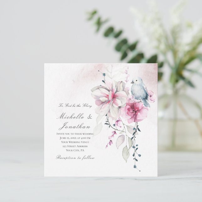 Pink Grey Floral White Dove Christian Wedding Invitation (Standing Front)