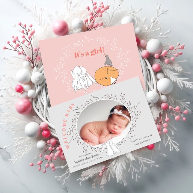 Pink Grey Floral Woodland Animals Baby Girl Birth Announcement (Pink gray floral wreath bunny baby girl birth announcement front and back view in situ.)