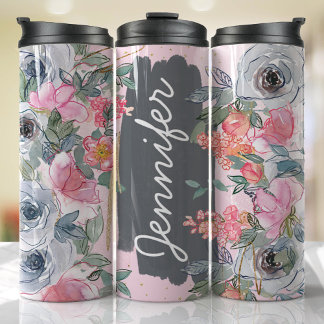 Pink Grey Flowers Add Name Custom Gift Thermal Tumbler