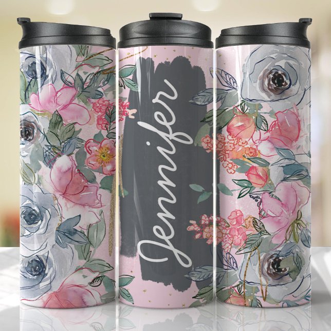 Pink Grey Flowers Add Name Custom Gift Thermal Tumbler (Floral Personalized Tumbler)