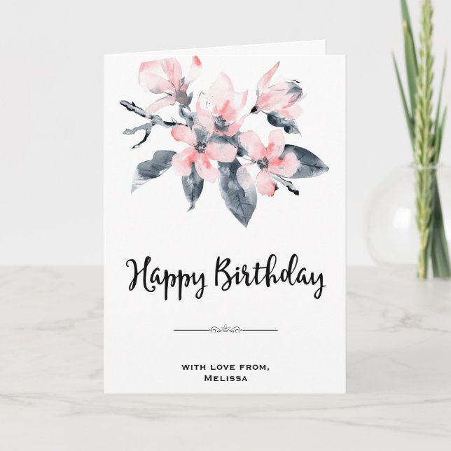 Pink & Grey Flowers Classy Watercolor Birthday Card (Front)
