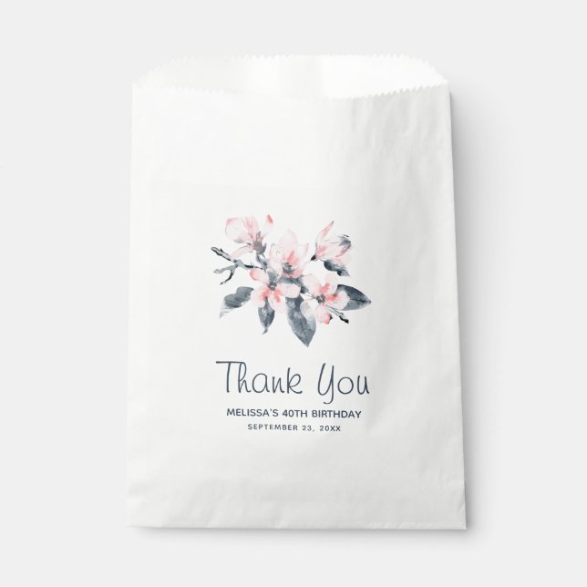 Pink & Grey Flowers Classy Watercolor Birthday Favour Bags (Front)