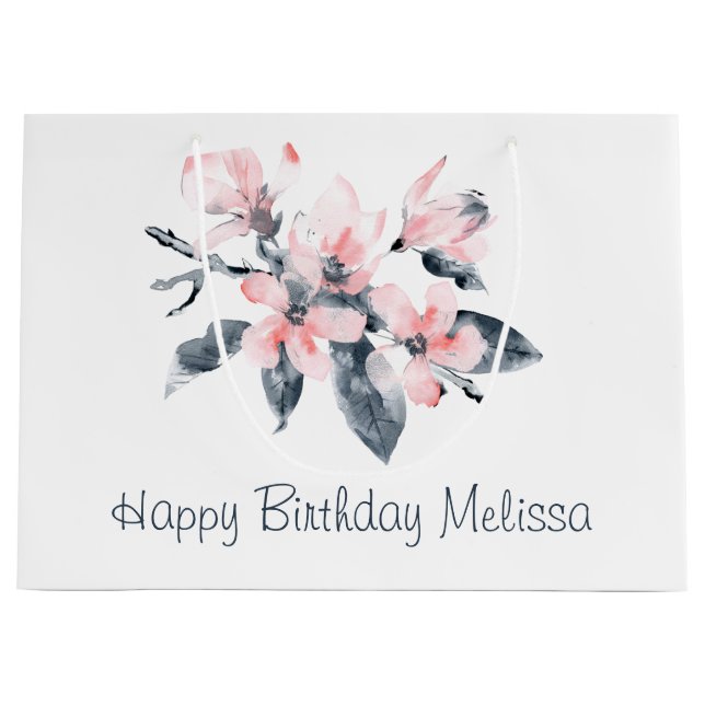 Pink & Grey Flowers Classy Watercolor Birthday Large Gift Bag (Front)