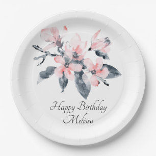 Pink & Grey Flowers Classy Watercolor Birthday Paper Plate