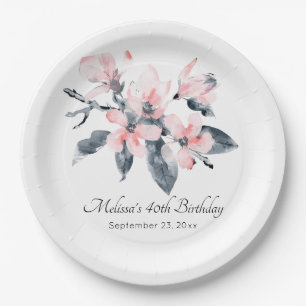 Pink & Grey Flowers Classy Watercolor Birthday Paper Plate