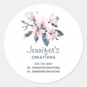 Pink & Grey Flowers Classy Watercolor Business Classic Round Sticker