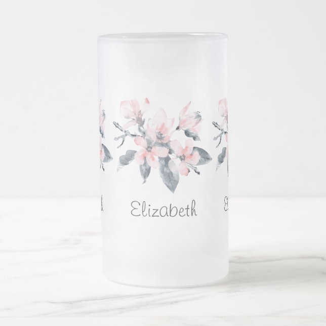Pink & Grey Flowers Classy Watercolor Frosted Glass Beer Mug (Center)